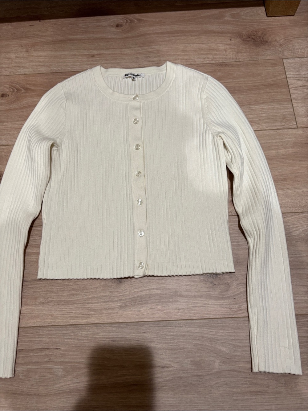 Reformation Ivory Ribbed Cropped Button-Front Cardigan